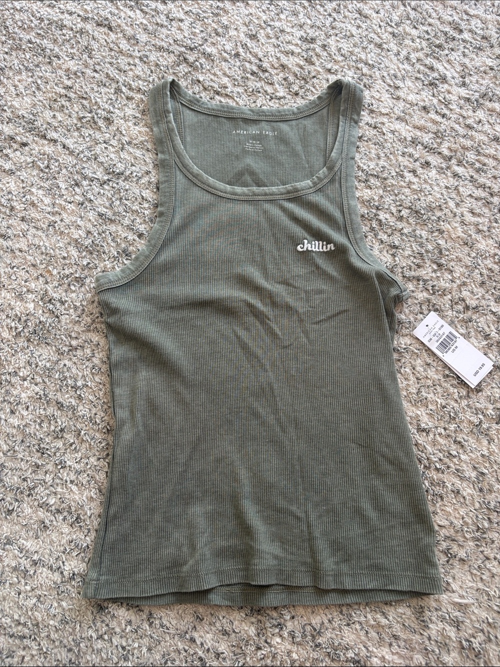 American Eagle Olive Ribbed Tank with 'Chillin' Script